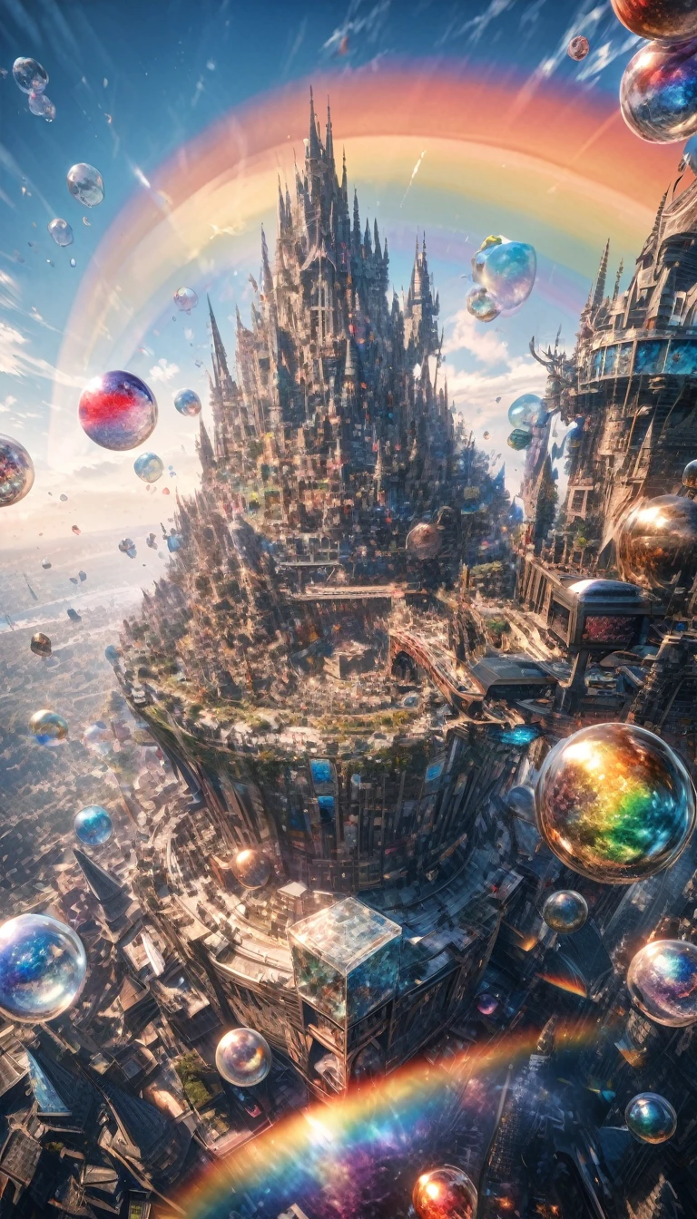 best quality, Ultra-fine, 16K, original photo, lifelike, Extremely ridiculous, Very detailed, A tower made of many giant geometric blocks stacked together, Translucent rainbow sphere,sparkling center, Fantasy world images, Wonderful and mysterious