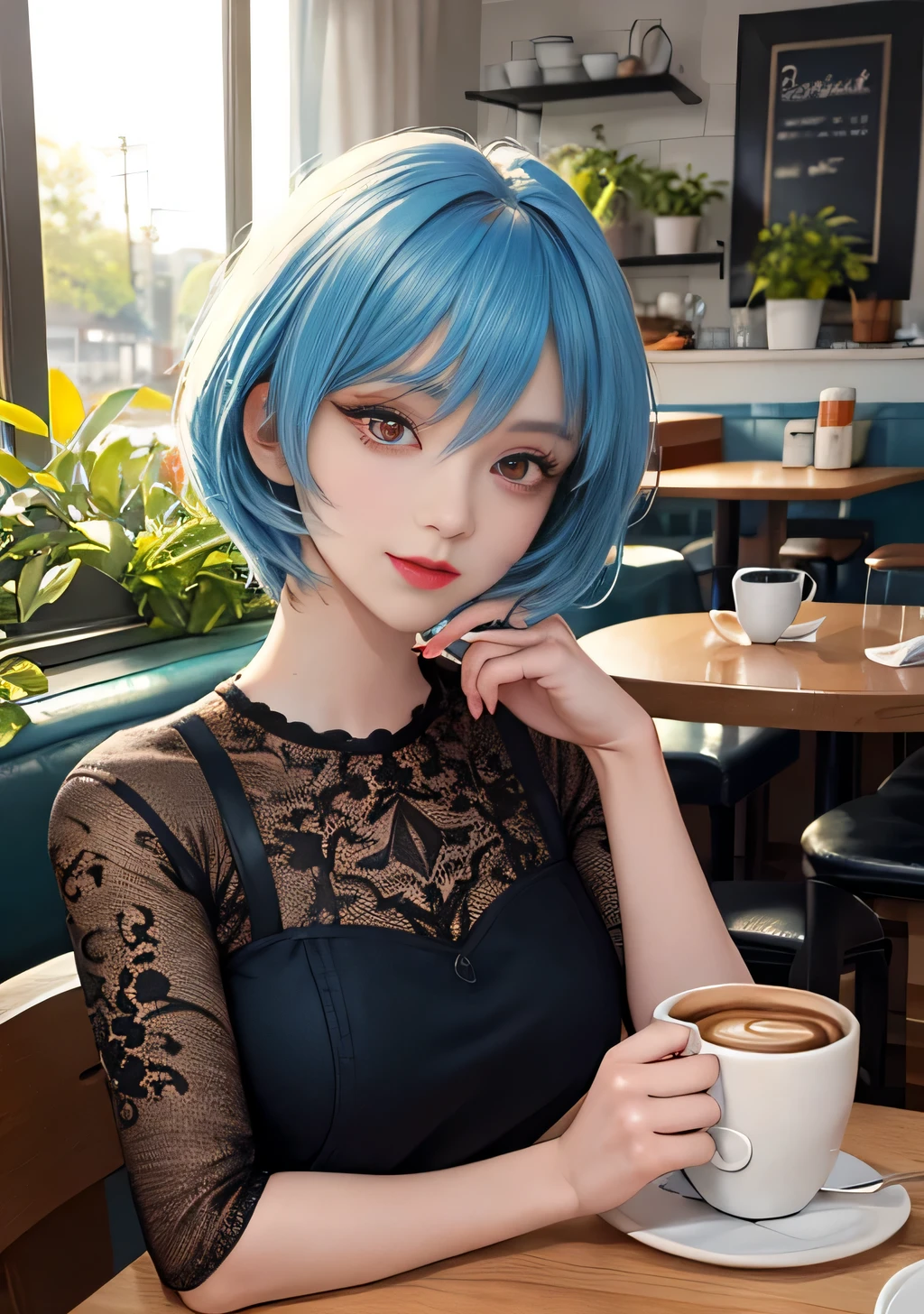 ultra-detailed, masterpiece, highest quality, 8K, detailed skin texture, fine cloth texture, beautiful detailed face, intricate details, super detailed, Portrait of Rei Ayanami, blue hair, (beautiful red eyes、 beautiful eyelashes:1.4), (Beautiful symmetrical eyes:1.3), head tilt, (A stylish open cafe with lots of ornamental plants、Pancakes and coffee on the table:1.4),Wearing trendy clothes、slim girl model,19 year old female model,
