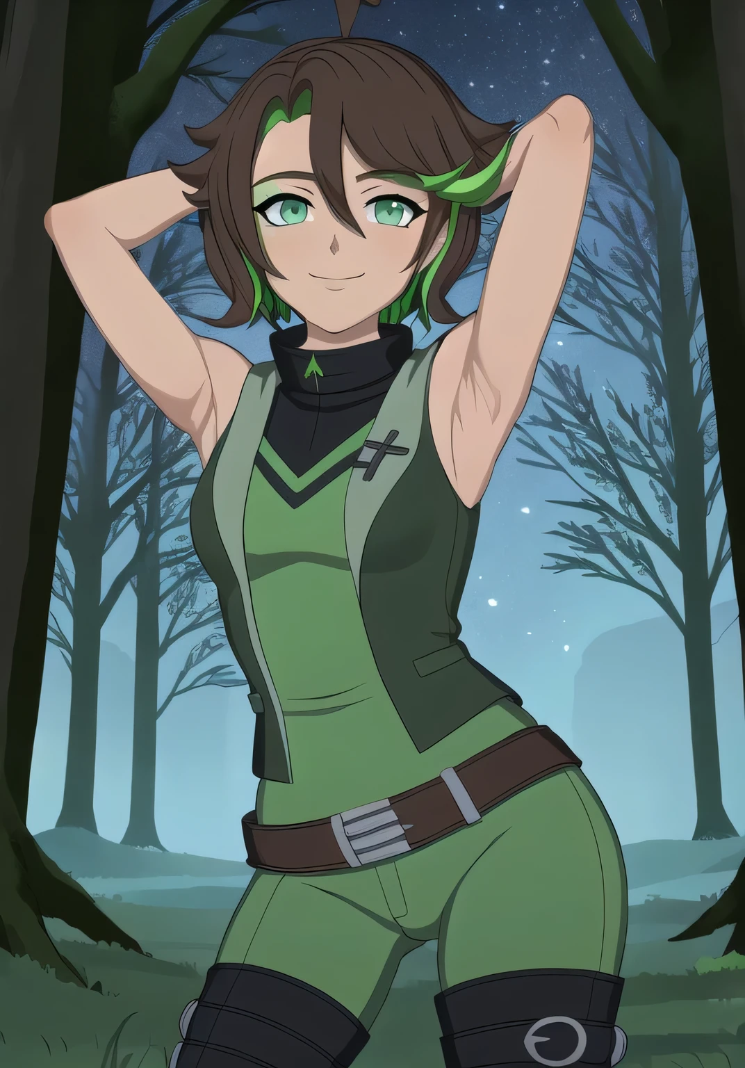 masterpiece, best quality, (Jessica_Cruz_rwby), (green eyes),  (1girl), (green eyes), solo, night sky, forest, arms behind head, contrapposto, spread armpits, closed mouth, looking at viewer, dynamic pose, smile, cowboy shot,