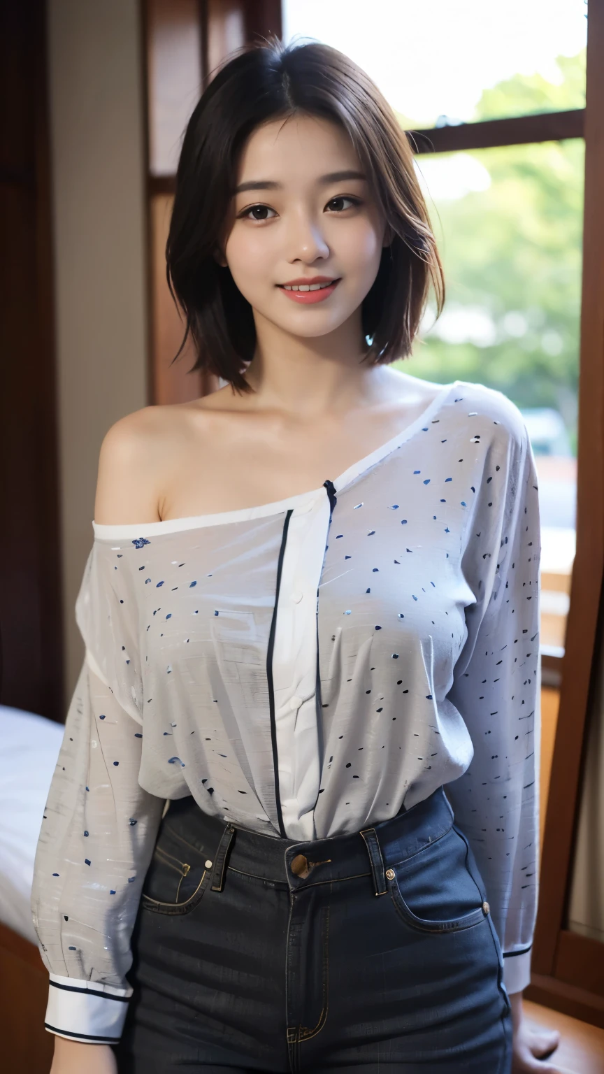 (((best quality, 8 thousand, masterpiece:1.4)), (20 year old woman), masterpiece, distinct, highres, high_quality, wide_shot, small_face, absurdly_short_hair, female, sagging_breasts, balancing, stretching, gentle_face, bare_shoulders, ((best quality)), ((masterpiece)), (detailed), perfect face, very big breasts, ultra high definition, 8k, perfect body, hud, slim legs, small face, long eyelashes, Sparkling lips, eye for detail, clean skin, blemish-free face, japanese beauties, 20 year old woman, (Huge, saggy breasts), (surreal) , (enlightenment), (Increase resolution), (8 thousand), ((masterpiece)), (best quality), (detailed), best quality，masterpiece，ultra high resolution，（In reality：1.4），RAW photographer，beautiful and beautiful，deep shading，dark theme，1 girl，exquisite facial features，long gray hair，Laughing，（The wind blows through your hair，Brunette bangs），colorful printed shirt，trivial face，cropped shoulder），busty person，fit your body，cowboy lenses，Exterior，afternoon sunlight