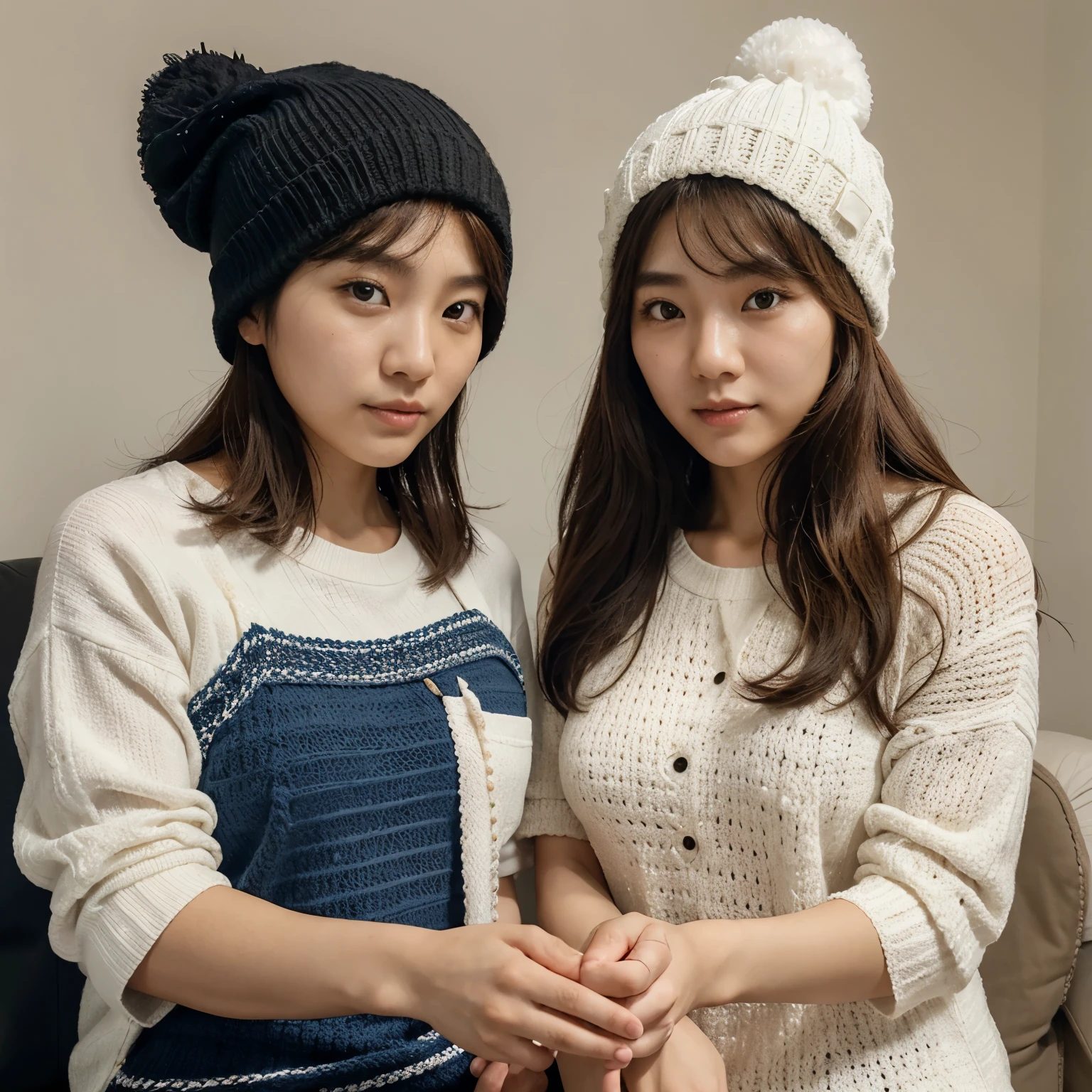 Korean couple taking a selfie without showing their faces, she light brown hair, tez blanca, estura promedio. He medium hair, negro, usando un gorro de crochet con forma de pollito, tez blanca, estatura de 190, con los brazos cubriendo a la chica. Ambos vestidos casual