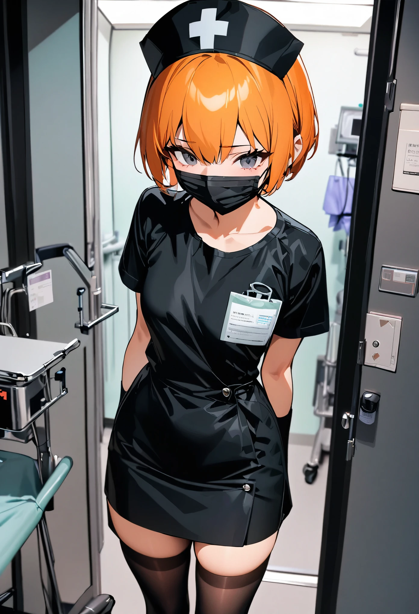 black nurse, 1girl, solo, black nurse cap, black wear, ((black legwear, zettai ryouiki)), black elbow gloves, very short hair, orange hair, ((black surgical mask, covered nose)), standing, ((surgery room)), sharp outline, short sleeves, tomboy, boyish, best quality, masterpiece