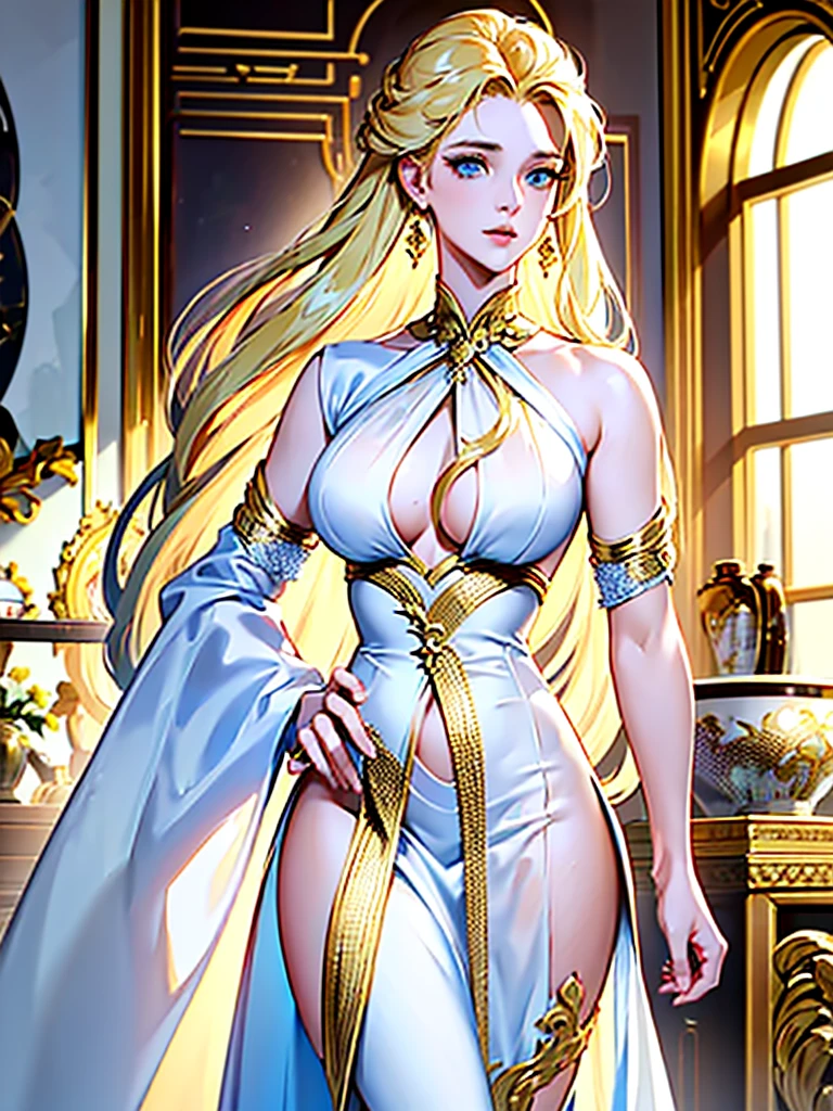 Incredibly beautiful fatal young woman golden-haired blonde with blue eyes, long golden hair gathered in a high beautiful hairstyle, she is dressed in a beautiful luxurious white long dress in oriental style with open shoulders, which perfectly fits her slender beautiful figure, emphasizes a thin waist and rounded hips, deep neckline, long thin sparkling gold neck a jewelry chain, long gold earrings in her ears. Masterpiece, perfect drawing, realistic drawing, detailed study, 8k. full-length image, realistic image, detailed image. an extremely detailed illustration, a real masterpiece of the highest quality, with careful drawing. careful reproduction of the anatomical authenticity of the body, excessive detail, detailed image. an extremely detailed illustration, a real masterpiece of the highest quality, with careful drawing. shading with shadows. careful display of body anatomy, attractive face type and excessive body detail.