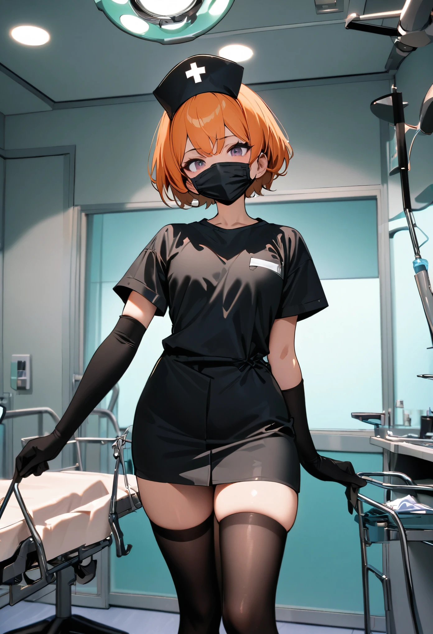 black nurse, 1girl, solo, black nurse cap, black wear, ((black legwear, zettai ryouiki)), black elbow gloves, very short hair, orange hair, ((black surgical mask, covered nose)), standing, ((surgery room)), sharp outline, short sleeves, tomboy, boyish, best quality, masterpiece