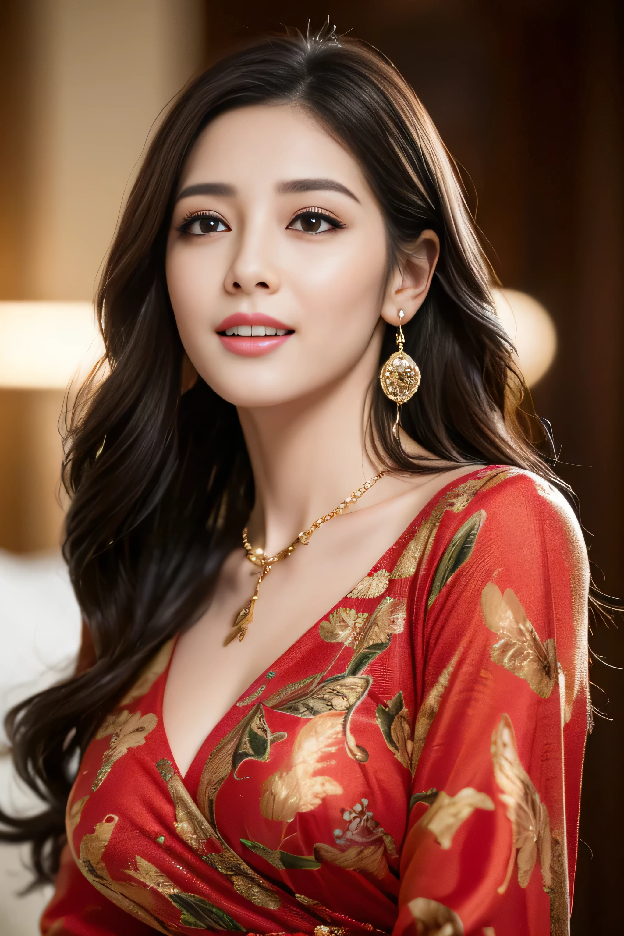 ((best image quality、8K、masterpiece:1.3))、1 girl、smile、Full body Esbian、slim face、cute woman、(dark brown hair)、super detailed face、fine eyes、double eyelid、blurred background、slim face、in the hustle and bustle of the city＿Super long brown hair、big breasts、full body shot、on the hotel bed、Hair with loose waves on the inside、abstract printed dresses_long sleeve＿wrap dress、gold necklace＿Larger earrings、No expression、full body shot、Standing gracefully,The woman lightly touches the man's arm, showing a hint of resistance but also wearing a blissful expression, gasping in pleasure.The expression on your face when you feel intense caress, Facial expression when feeling pleasure,close her mouth,close her eyes Furrow her brows with pleasure