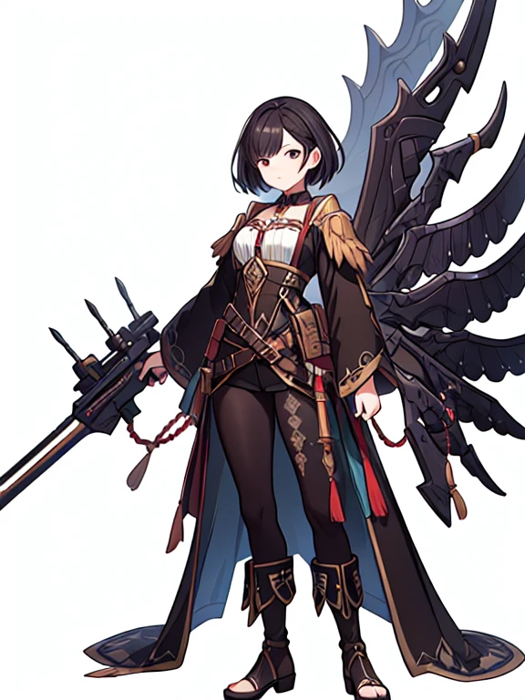high fantasy clothes, ((white background)), full body, weapon, female, solo,