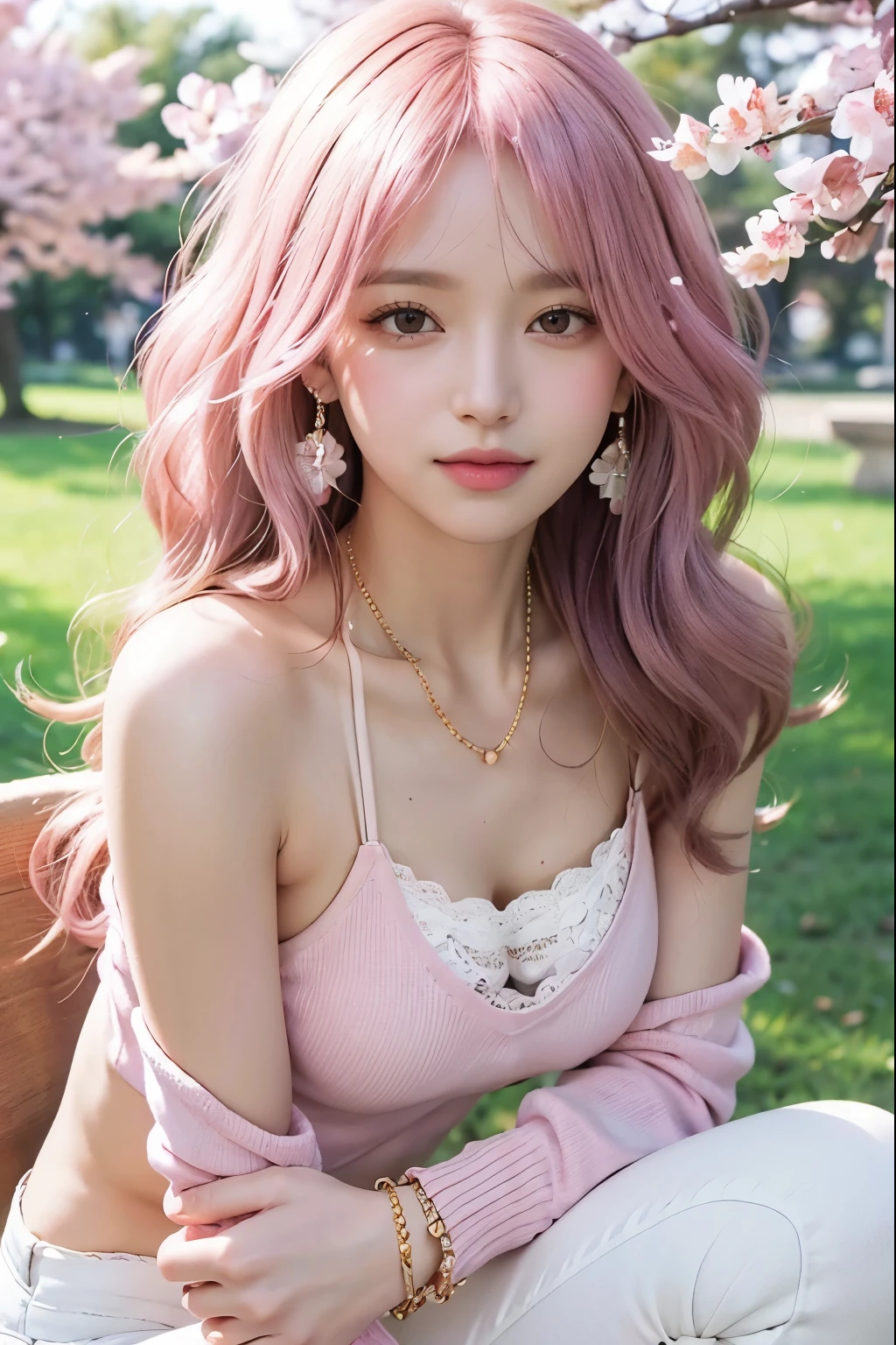 (8K, top-quality, masterpiece:1.2), (realistic, photorealistic:1.37), (super detail:1.5), (one girl:1.2), (highly detailed:1.4), (beautifully detailed eyes:1.3), (of the highest quality:1.2), (super detailed:1.5), (masterpiece:1.2), (detailed face:1.4), (20yr old:1.2), (pink hair, long hair:1.5), (medium breasts:1.2), (clothed:1.2), (perfect lighting:1.5), BREAK, (upper body to knees:1.2), (wavy pink long hair:1.5), (gentle smile:1.3), (relaxed posture:1.2), (sakura-filled park background:1.4), (soft spring sunlight:1.5), BREAK, (spring fashion:1.2), (tight fit:1.5), (pastel pink bolero:1.2), (mint green accent:1.2), (floral pattern:1.3), (geometric shapes:1.3), (cotton material:1.4), (linen quality:1.4), (spandex stretch:1.5), (short jacket:1.2), (white camisole:1.4), (ribbed knit cardigan:1.3), (high-waisted skinny jeans:1.5), (body-conscious silhouette:1.2), (lace trim details:1.3), (nude pointed heels:1.4), (gold chain necklace:1.2), (pearl earrings:1.2),