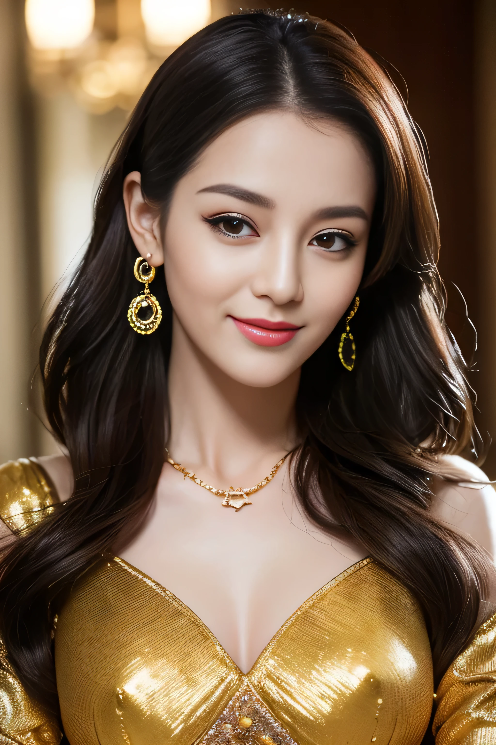 ((best image quality、8K、masterpiece:1.3))、1 girl、smile、Full body Esbian、slim face、cute woman、(dark brown hair)、super detailed face、fine eyes、double eyelid、blurred background、slim face、in the hustle and bustle of the city_Super long brown hair、big breasts、full body shot、on the hotel bed、Hair with loose waves on the inside、abstract printed dresses_long sleeve_wrap dress、gold necklace_Larger earrings、No expression、full body shot、Standing gracefully,The woman lightly touches the man's arm, showing a hint of resistance but also wearing a blissful expression, gasping in pleasure.The expression on your face when you feel intense caress, Facial expression when feeling pleasure,close her mouth,close her eyes Furrow her brows with pleasure