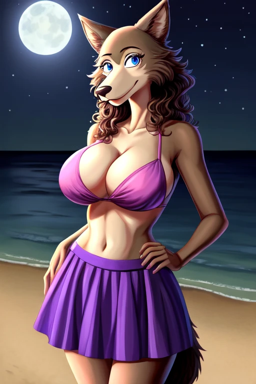 Beastars art style, beastars, Juno, brown wolf, she Wolf, 1girl, furry, long curly brown fur, slim figure, blue eyes, wide hips, Big breasts, purple skirt, pink bikini top, cleavage, night time, beach, she feels her heartbeat