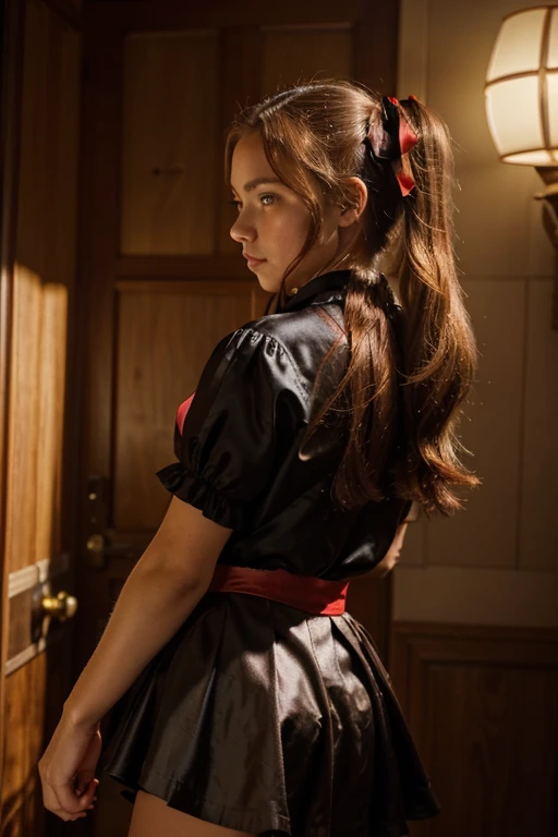 Give backlit low angle shot from the front of a young and beautiful chestnut haired woman with her hair tied in pigtails with red and black ribbons Have her rolling a gold coin across her right knuckles. She should be wearing a red skirt and black blouse made of flowing silk.
