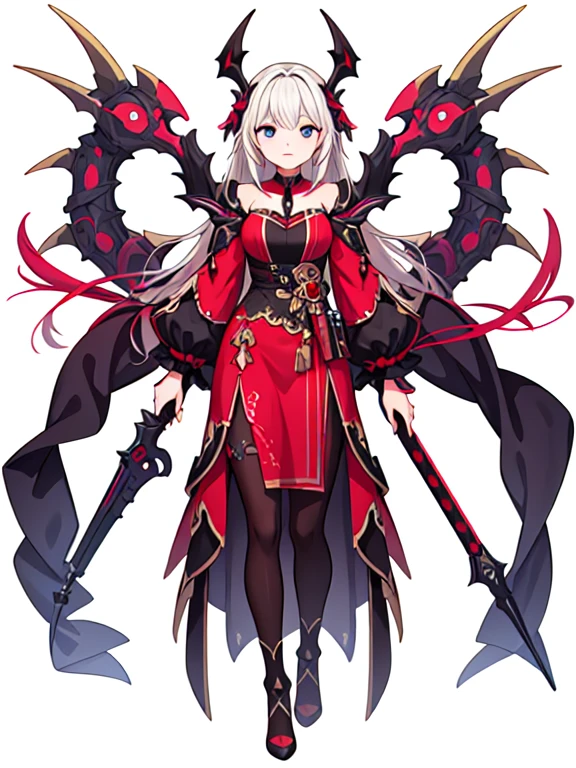 high fantasy outfits, ((white background)), full body, weapon, female, solo,