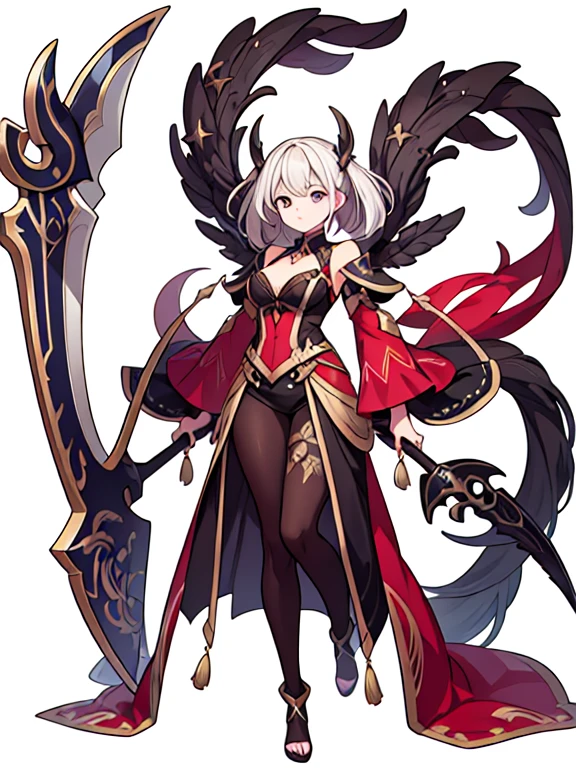 high fantasy outfits, ((white background)), full body, weapon, female, solo,