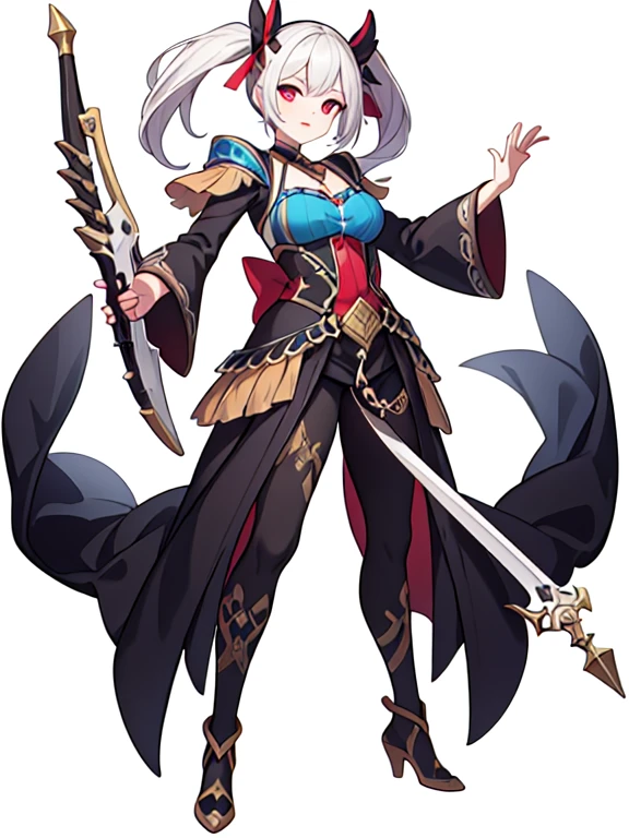 high fantasy outfits, ((white background)), full body, weapon, female, solo,