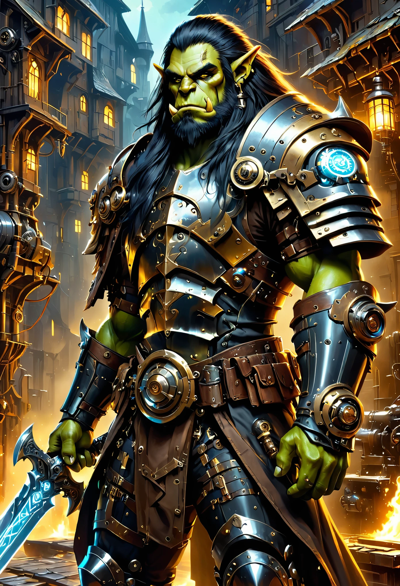 ((masterpiece)), super illustration de détails insensés et complexes, holding a ((mechanical sword)), style qui combine l'cyberpunk medieval atmosphere with biotechnology, melting paint'huile, de gouache et de grunge, sur gothique avec fond d'architecture cyberpunk, ((inspiration steampunk)), High quality, portrait, 1boy, ((((fierce fantasy orc race)))), ((very long black hair)), (((Very long beard))), barbe noir et fournie, peau verte, (viril), muscle, chasseur mercenaire, heroic pose, Detailed face, steam in background, background couleur rouille, rust-colored and metal armor, (full armor), wowrcs, steampunk armor, DonMSt34mPXL armor