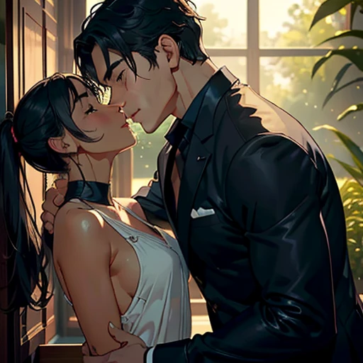 (Masterpiece, High Quality), (Dark-skinned Man with defined muscles and shiny skin), (Asian Girl with almond-shaped eyes and glossy black hair), Intimate moment, (Lips meeting in a passionate kiss), Cinematic lighting, Soft focus, (Her delicate features accentuated by the contrast of his strong jawline), Close-up shot, (Sensual atmosphere created by the interplay of their emotions), (Backdrop of a tranquil garden or serene indoor setting), (Visual storytelling of love and connection).