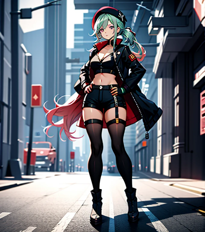 ubel,dark green hair,long hair,side ponytail,hair between eyes,bangs, BREAK (beret, black jacket, open clothes, cleavage, midriff, black shorts, black thighhighs, thigh strap, fingerless gloves, single glove:1.2) BREAK blurry background, BREAK pose, hand on hip, BREAK (masterpiece:1.2), best quality, high resolution, unity 8k wallpaper, (illustration:0.8), (beautiful detailed eyes:1.6), extremely detailed face, perfect lighting, extremely detailed CG, (perfect hands, perfect anatomy),