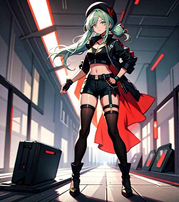 ubel,dark green hair,long hair,side ponytail,hair between eyes,bangs, BREAK (beret, black jacket, open clothes, cleavage, midriff, black shorts, black thighhighs, thigh strap, fingerless gloves, single glove:1.2) BREAK blurry background, BREAK pose, hand on hip, BREAK (masterpiece:1.2), best quality, high resolution, unity 8k wallpaper, (illustration:0.8), (beautiful detailed eyes:1.6), extremely detailed face, perfect lighting, extremely detailed CG, (perfect hands, perfect anatomy),