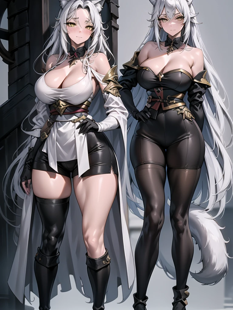 Full body portrait, single woman, masterpiece, 4k, wallpaper, highlydetailed face, ultra-detailed face, voluptuous, big breasts, curvy, long hair, gray-silver hair, a young wolf woman, wolf ears, long wolf tail, beautiful, enchanting, bright yellow eyes, detailed eyes, ultra-detailed eyes, elegant, small vertical scar under right eye, small rosy lips, big breasts, slender elegant arms, pretty hands, detailed hands, charming, slight blush, smug smile, black stylish shorts and top outfit, detached sleeves, light black armor, armored bike shorts, black armored coat, black metal armor, bare off shoulders, toned abs, exposed belly, standing pose, hands on hips pose, sole girl beautiful long legs