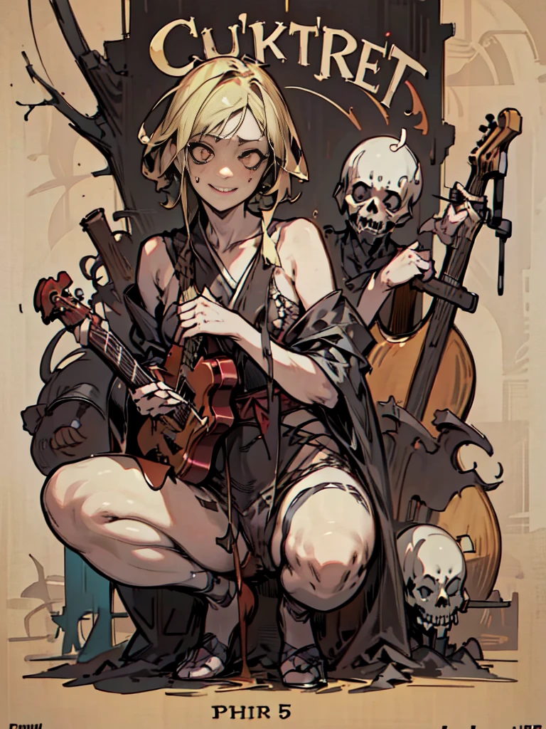 （nsfw）((Hardcore Punk Girl))、((British punk rock girl)), ((circus)), ((playing the guitar)),cartoon style, Horror elements, Comic book style illustrations, (drawing style), Japanese painting, full body (Spooky), Japanese carving, primitive art, circus, crazy illustration, flat illustration, Blissful smile, Spookyな外観, Distinctive messy hairstyle, punk band poster、close-up of crotch
