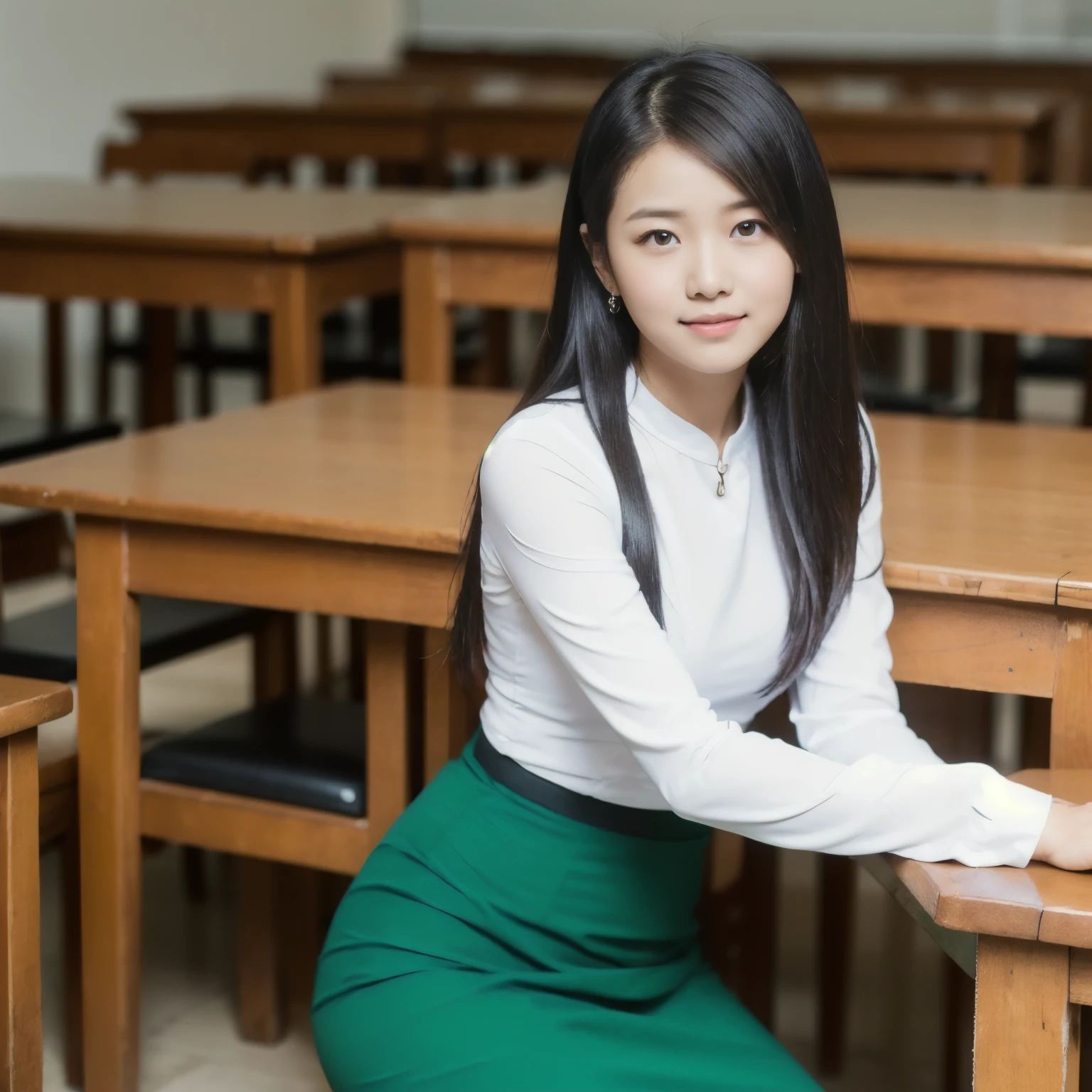 beautiful girl wearing white blouse and green longyi. sitting at school