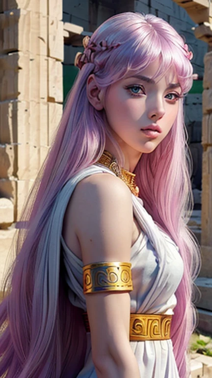 Masterpiece, a beautiful 18 years old hot girl with lilac hair in her palace, long wavy strawberry lilac hair, bangs over the forehead, eyes light grey-blue, (wearing an ancient greek doric tunic, wearing a Strophion, wearing a Peplos, wearing a full set of ancient greek jewelry:1.3), slender hot body, big , hot waist, hot hips, hot long legs, 1girl, purity, pale skin pores texture, ultra high quality, 4k, anime cinematic, ultra quality, natural lighting, depth of field, realistic anime, wrinkled skin, pale skin, sharp, anatomically and proportional full body shot, looking sensually at viewer, noble, chapped lips, soft natural lighting