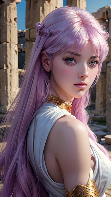 Masterpiece, a beautiful 18 years old hot girl with lilac hair in her palace, long wavy strawberry lilac hair, bangs over the forehead, eyes light grey-blue, (wearing an ancient greek doric tunic, wearing a Strophion, wearing a Peplos, wearing a full set of ancient greek jewelry:1.3), slender hot body, big , hot waist, hot hips, hot long legs,  1girl, purity, pale skin pores texture, ultra high quality, 4k, anime cinematic, ultra quality, natural lighting, depth of field, realistic anime, wrinkled skin, pale skin, sharp, anatomically and proportional full body shot, looking sensually at viewer, noble, chapped lips, soft natural lighting