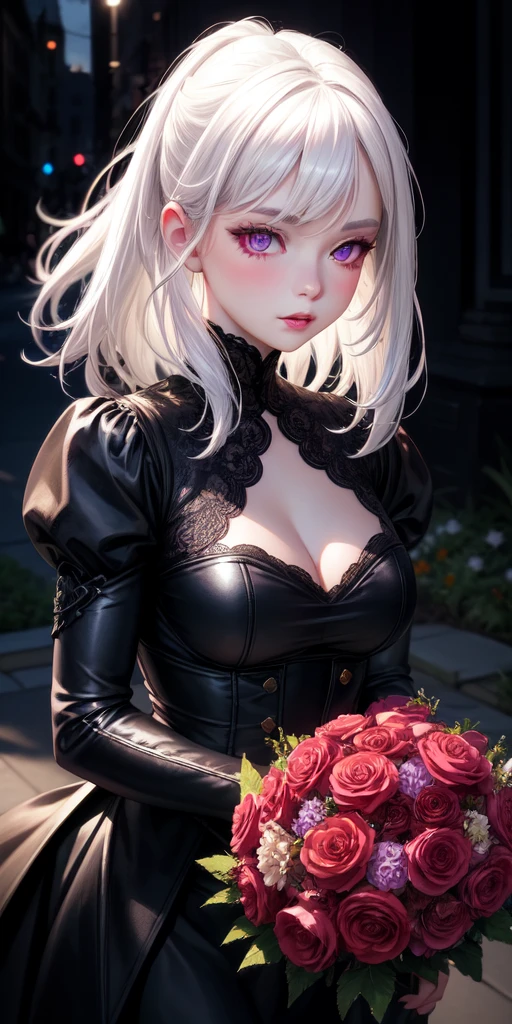 realistic, 1girl, white hair, purple eyes, glowing eyes, gothic dress, parted lips, blush, night, flowers, sun, sunlight, portrait