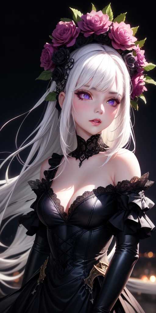 (1 girl 1.3) (extremely detailed 1.3) (anatomically correct, High precision, realistic skin, realistic Fingers, ) (RAW photo, Super detailed, advanced details, intricate details,), (Lighting: Face lighting, Ray tracing, reflective light, Structurally correct) ((full body Esbian Angle from directly above:1.1)), ((Beds made of flowers:1.3))、((there are black and red flowers around her))、((Lying on her back on countless flowers:1.3)),(Subject: beautiful Asian woman with White hair in curls and coils) (wearing a White corset, white panties, neck wrists and fingers, ((beautiful big blue eyes looking up at the viewer, black shiny lipstick, perfect Asian goth cyber makeup))