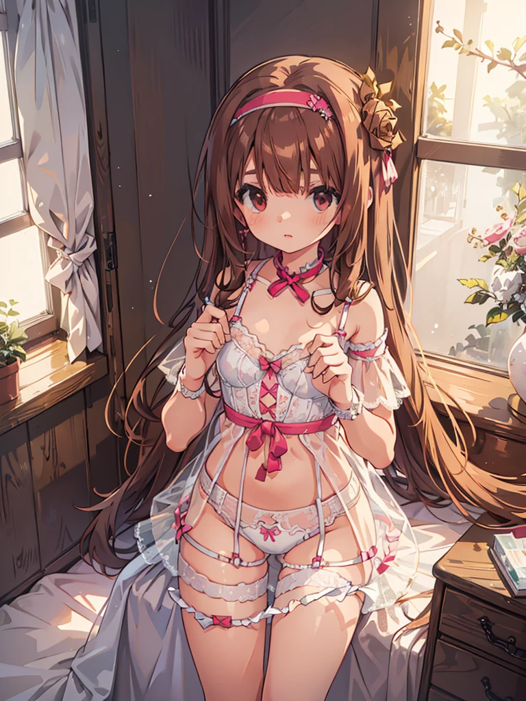 beautiful illustrations, highest quality, pretty girl, 1girl, Bedroom, pastel colour, (two-separated lingerie), reddish brown long hair, headband, cute lingerie, bright lighting
