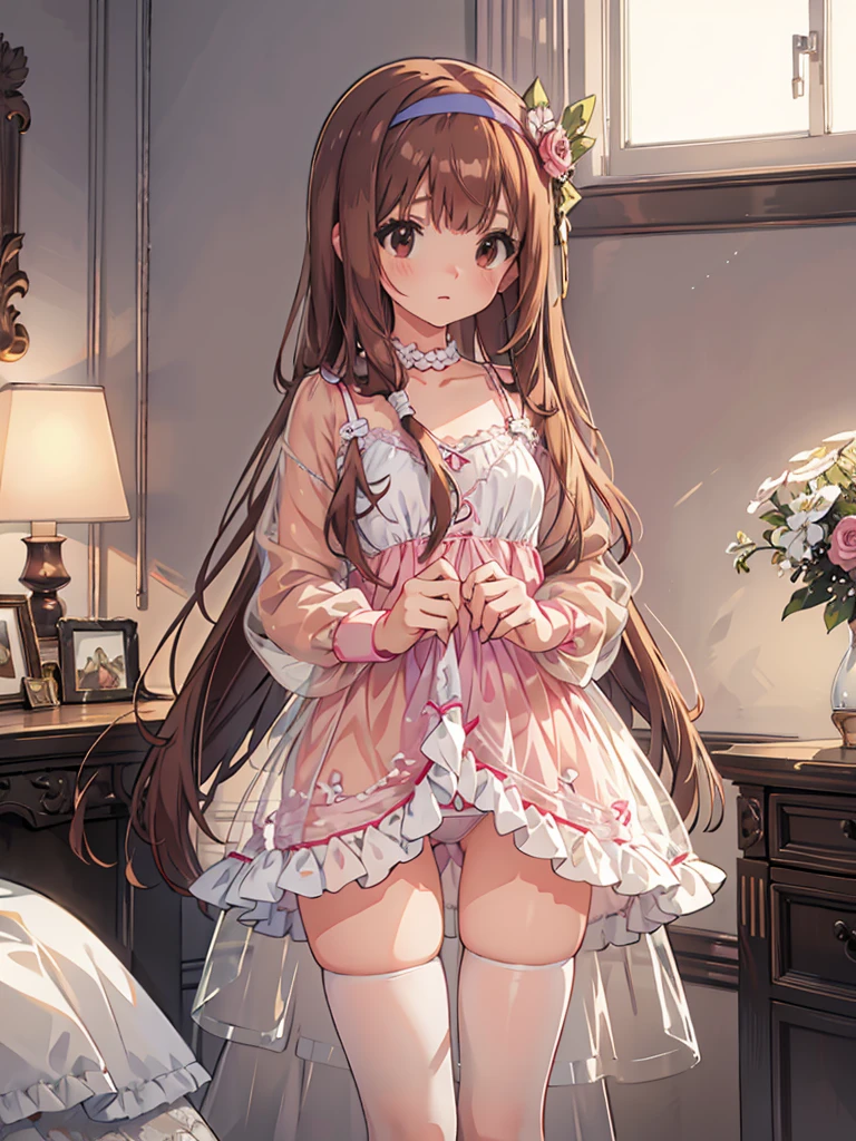 beautiful illustrations, highest quality, pretty girl, 1girl, Bedroom, pastel colour, (two-separated lingerie), reddish brown long hair, headband, cute lingerie, bright lighting
