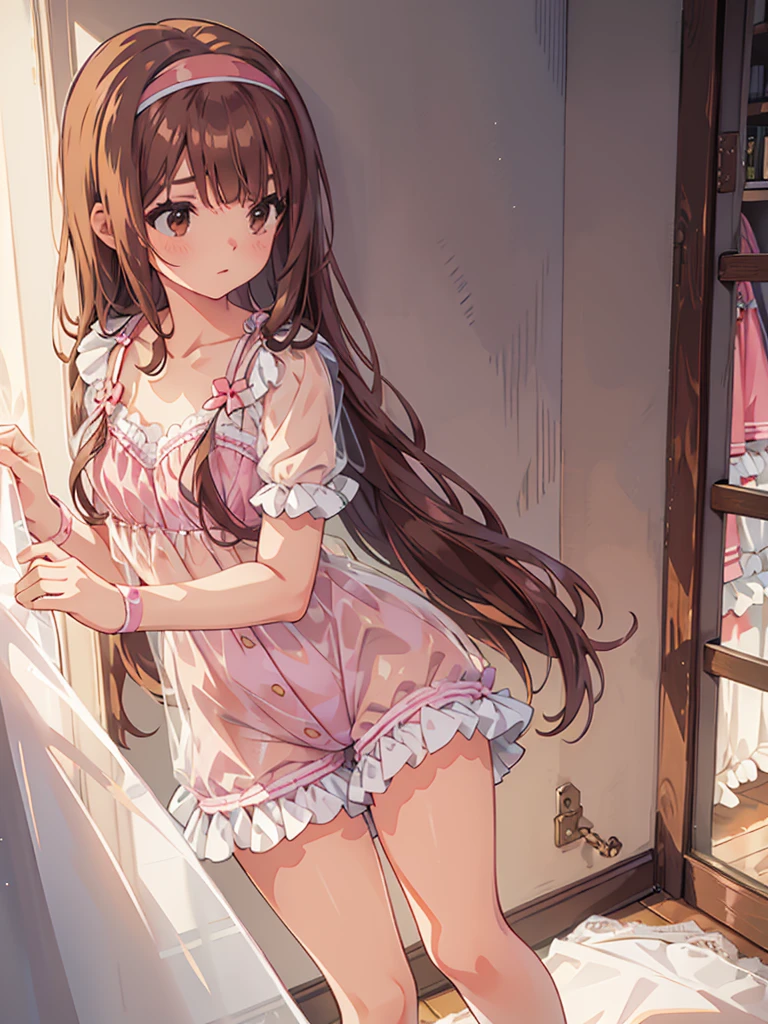 beautiful illustrations, highest quality, pretty girl, 1girl, Bedroom, pastel colour, (two-separated lingerie), reddish brown long hair, headband, cute lingerie, bright lighting