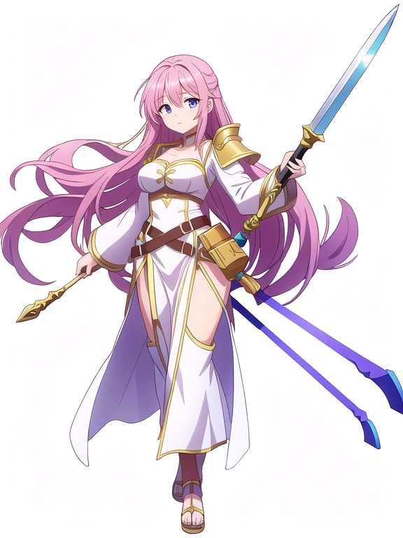 high fantasy clothes, ((white background)), full body, weapon, female, solo,
