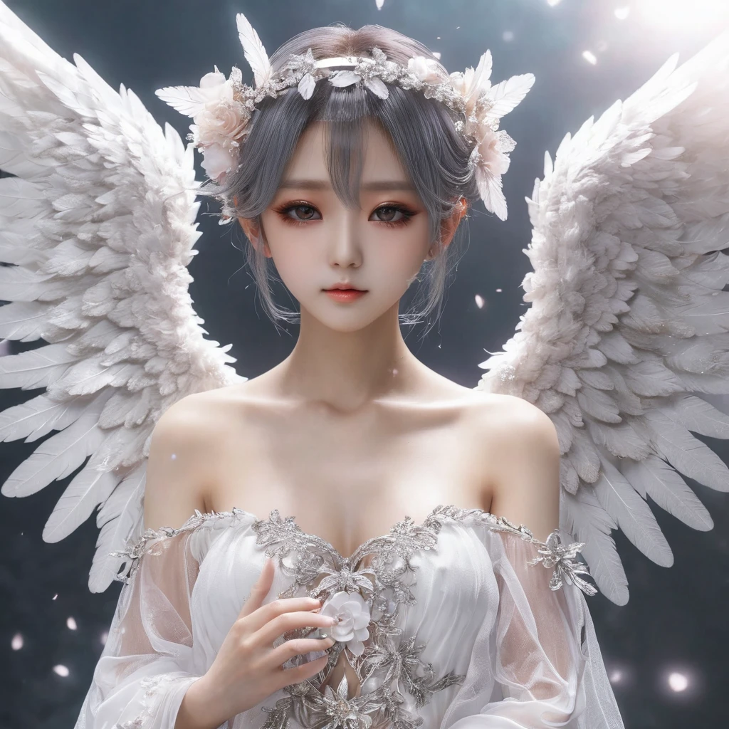 a woman dressed as an angel poses for a picture, by Lü Ji, cgsociety 9, Glitter jewelry and glitter eyeshadow palette with a flower, deark angel, korean artist, fairy cgsociety, realistic anime 3 d style, wearing angel, gauze angel dress, girl with angel wings, artdoll, tall female angel, angel-themed, by Pu Hua, anime character; full body art, angel, detailed wings