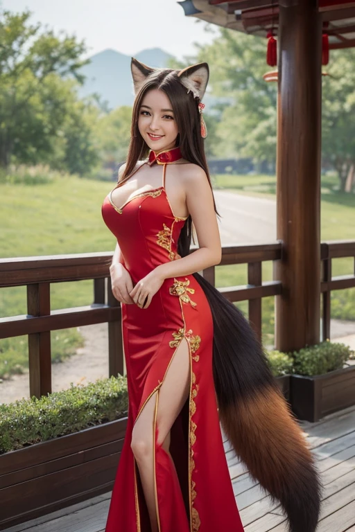 ((highest quality)), ((masterpiece)), (get used to it), perfect face, fox girl, Beautiful woman, public, A tail is growing, she has a fluffy tail, she has a fox tail, she wags her tail, smile, collar, She is wearing a Chinese dress, beautiful hips, big breasts , big tail