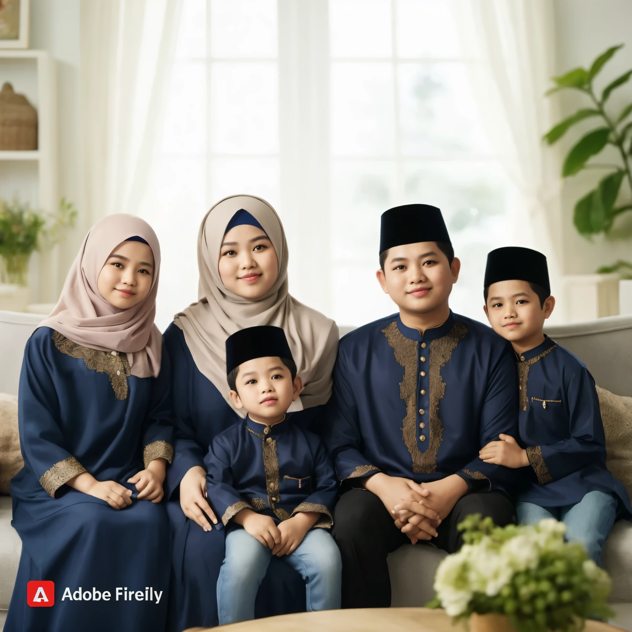 Family photo from Indonesia, with five members, one father aged 35, one chubby mother aged 33, one chubby age girl aged 13, and two boys aged 8 and 3. They are all wearing matching Malay-style navy blue Muslim clothes and matching sharia robes. The photo was taken in a bright studio with daylight lighting, green flower vases, realistic, ultra HD, 16k resolution.