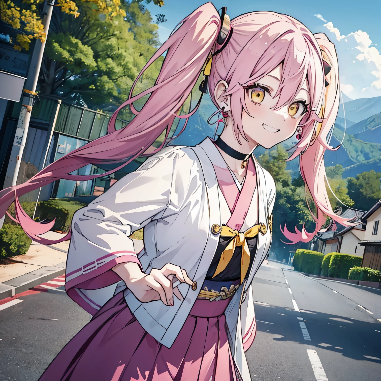 1 girl twintails hair, long hair, pink hair, yellow eyes anime, medium breasts, medium ass, Hairpins, Choker, big smile, happy face, Standin, Japanese  , looking at the scenery, a hand on the forehead watching the scenery, wind, mouth open surprised and happy, long heart-shaped earrings, ultra detailed, 8K wallpaper, Houses and road in the background 