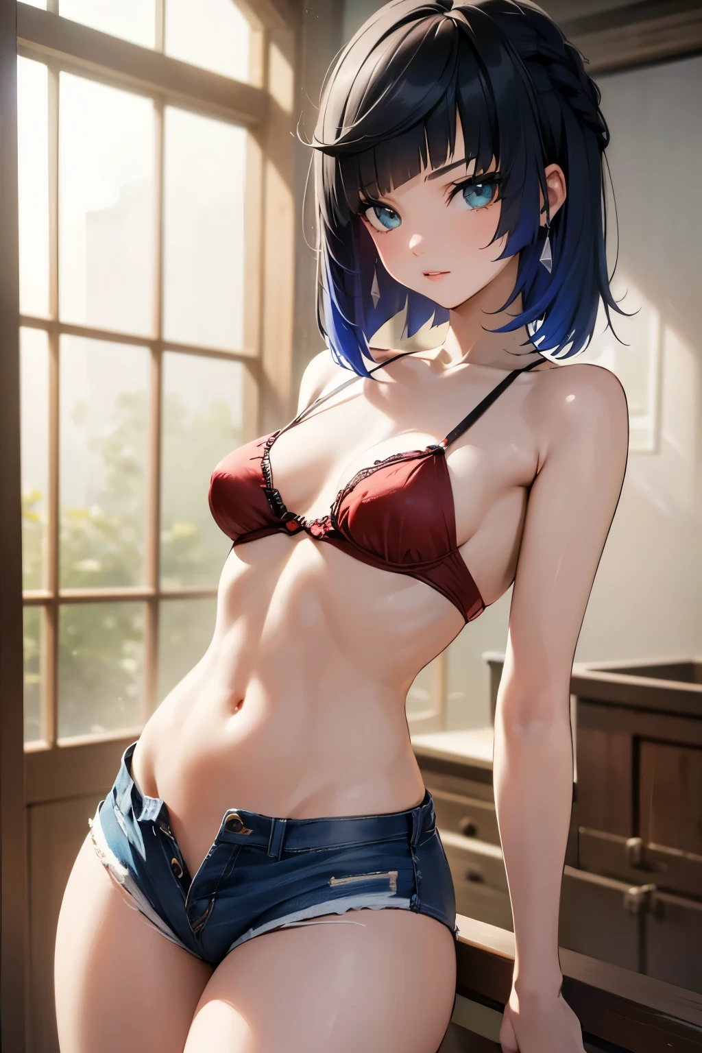 Yelan, Dynamic Pose, 8K, Raw Photo, Highest Quality, Masterpiece, Realistic, Photoreal, (1 Ultimate Beauty), Highly Detailed Face, Detailed Eyes, Double Eyelid, Eyelashes, Eye Details, Lips, Big Breasts, Breasts pointy, micro shorts, very low-waist shorts (red bra), ((dolphin microshorts)), cowboy photo, Koen-dori in Tokyo, soft light, ((depth of written limit)) Please proceed with caution,( (13 year old Japanese girl) ), (((thin slender waist, slender thighs, slender arms))), (((rear view, realistic buttocks, small butt, retrospective diagram)) )