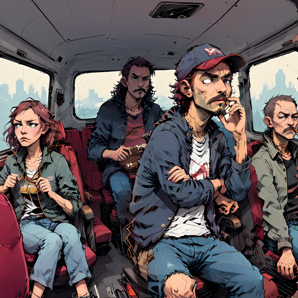 Scruffy the Janitor smoke cigar driving minibus sitting at Car Seat inside Minibus, Sad Speak, Mega Cry, Maroon Cotton Cap, Gray Mustache, Navy Jacket and white shirt, navy jeans, style of Art Spiegelman