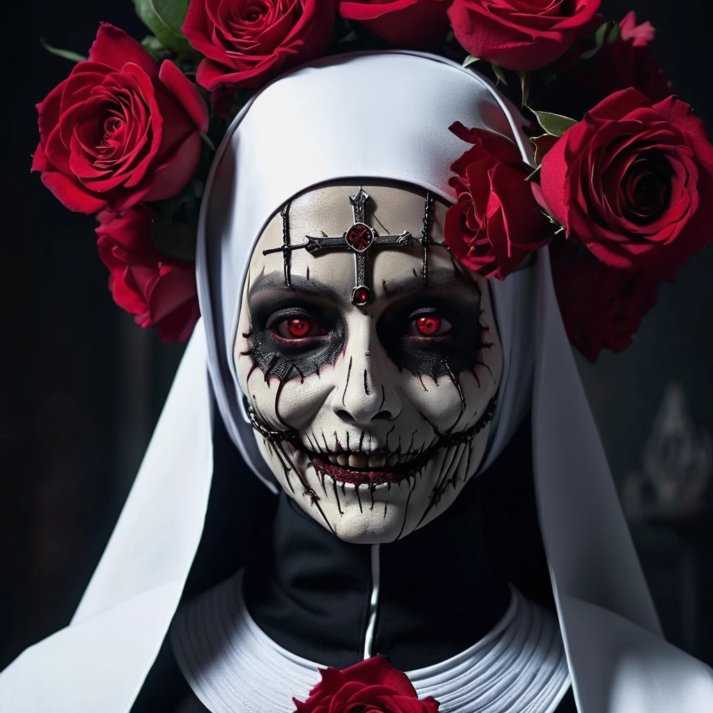 a creepy nun with roses in her hair, promotional images, love death + robots, love death and robots, an evil nun, still from animated horror movie, vampire nun, spooky netflix still shot, horror smile, promo image, horror cgi 4 k, asylum, by Guillermo del Toro, nychos art aesthetic, detailed 4k horror artwork, cgsociety 9