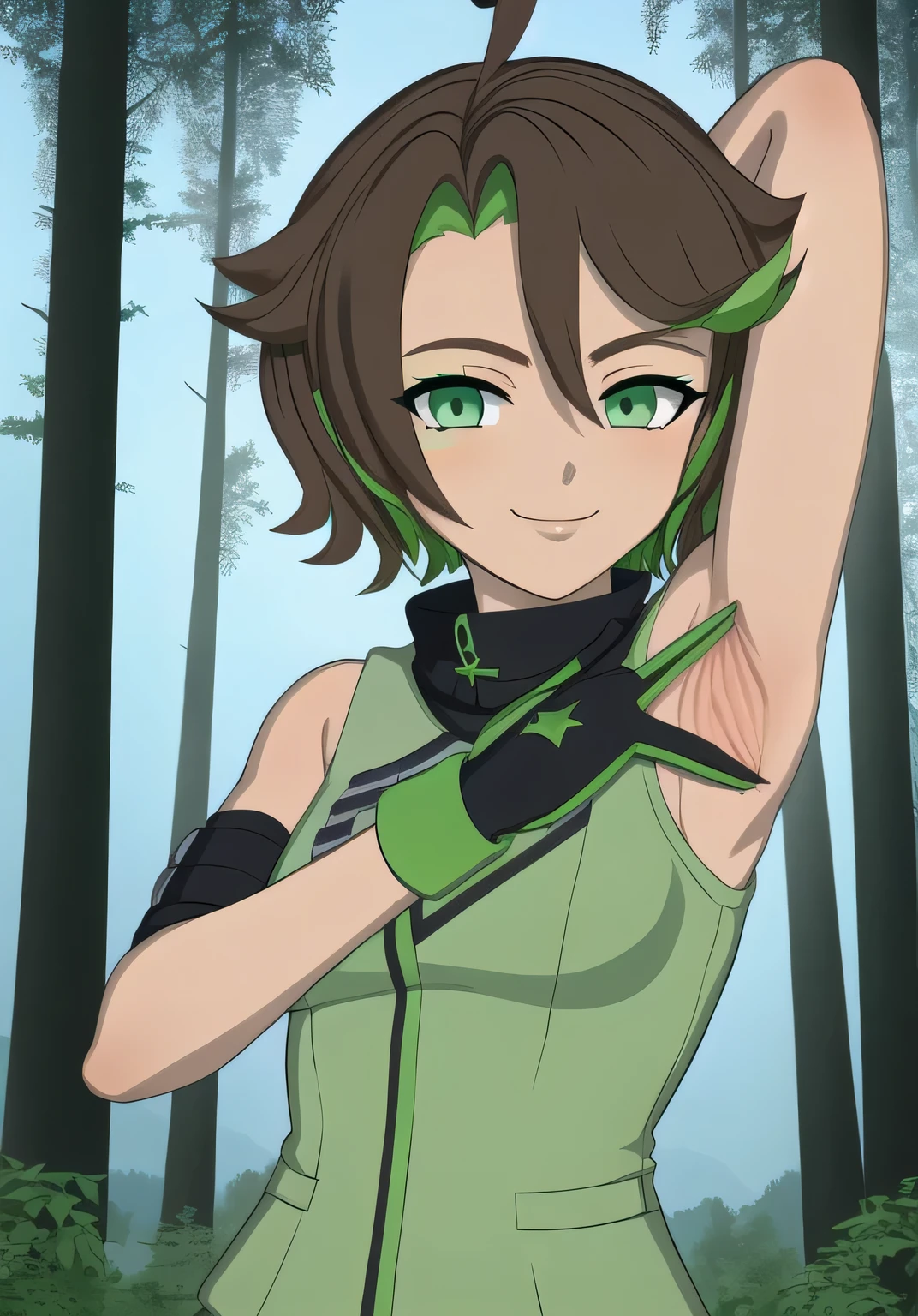 masterpiece, best quality, (Jessica_Cruz_rwby), (green eyes),  (1girl), (green eyes), solo, night sky, forest, arms behind head, contrapposto, spread armpits, closed mouth, looking at viewer, dynamic pose, smile, upper body,