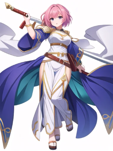 high fantasy clothes, ((white background)), full body, weapon, female, solo,
