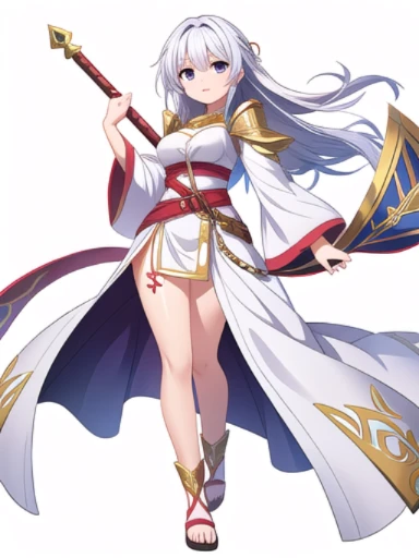 high fantasy clothes, ((white background)), full body, weapon, female, solo,