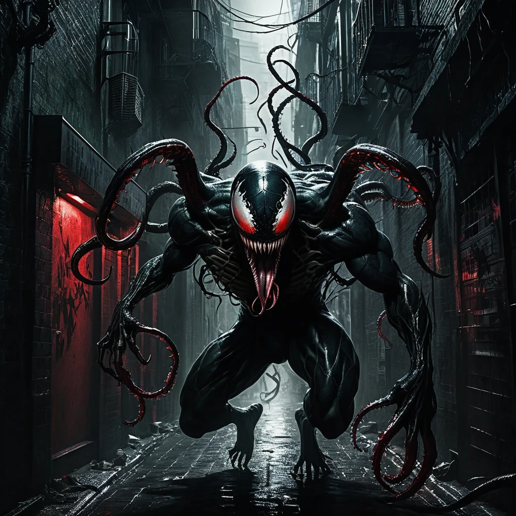 (dark, menacing), Venom crawling through (dark alleyways, the city streets), with (glowing red eyes, sharp fangs) and (slimy, black venomous tentacles), ready to unleash its (vicious, deadly) attack. The scene is (shrouded in shadows, bathed in eerie moonlight), adding to the (sinister, ominous) atmosphere. The artwork is created using a (dark, grotesque) medium, such as (oil painting, charcoal sketch), allowing for a heightened sense of (mystery, horror). The image is of (best quality, 4k resolution), with (extreme detail, intricate textures), and (realistic, photorealistic) rendering. The colors used are (dark, muted), reflecting the (darkness, evil) of Venom, with accents of (splashes of red, vibrant green) to emphasize its (sinister, otherworldly) presence. The lighting is (dramatic, dynamic), casting (ominous shadows, harsh highlights) on Venom's menacing figure, adding to the overall (dreadful, ominous) ambiance.