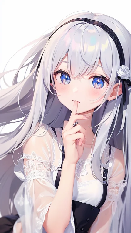 ((masterpiece, best quality))++, Detail lights+, detail hair+, Detail hand+ ,1 girl, Honey, long gray hair, dark blue eyes, beautiful eyes, Young gray hair,,(beautiful white hair:1.5),(beautiful eyes), high resolution+, black stockings , a white pajamas, Glass tones, Reflective eyeanyery detail wallpaper, The original, ,Headband ,Nature,White rose,A girl under the stars