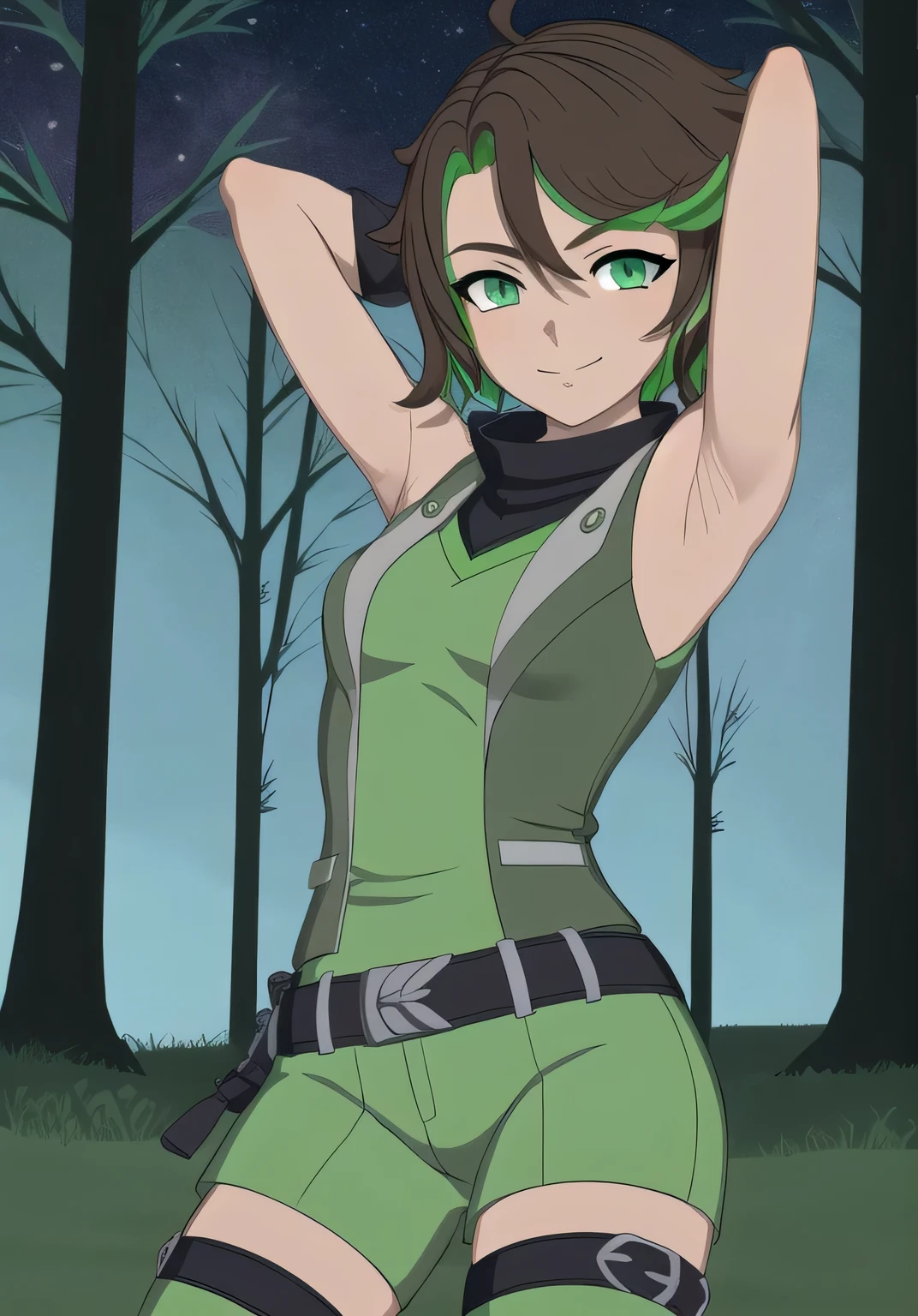 masterpiece, best quality, (Jessica_Cruz_rwby), (green eyes),  (1girl), (green eyes), solo, night sky, forest, arms behind head, contrapposto, spread armpits, closed mouth, looking at viewer, dynamic pose, smile, cowboy shot,