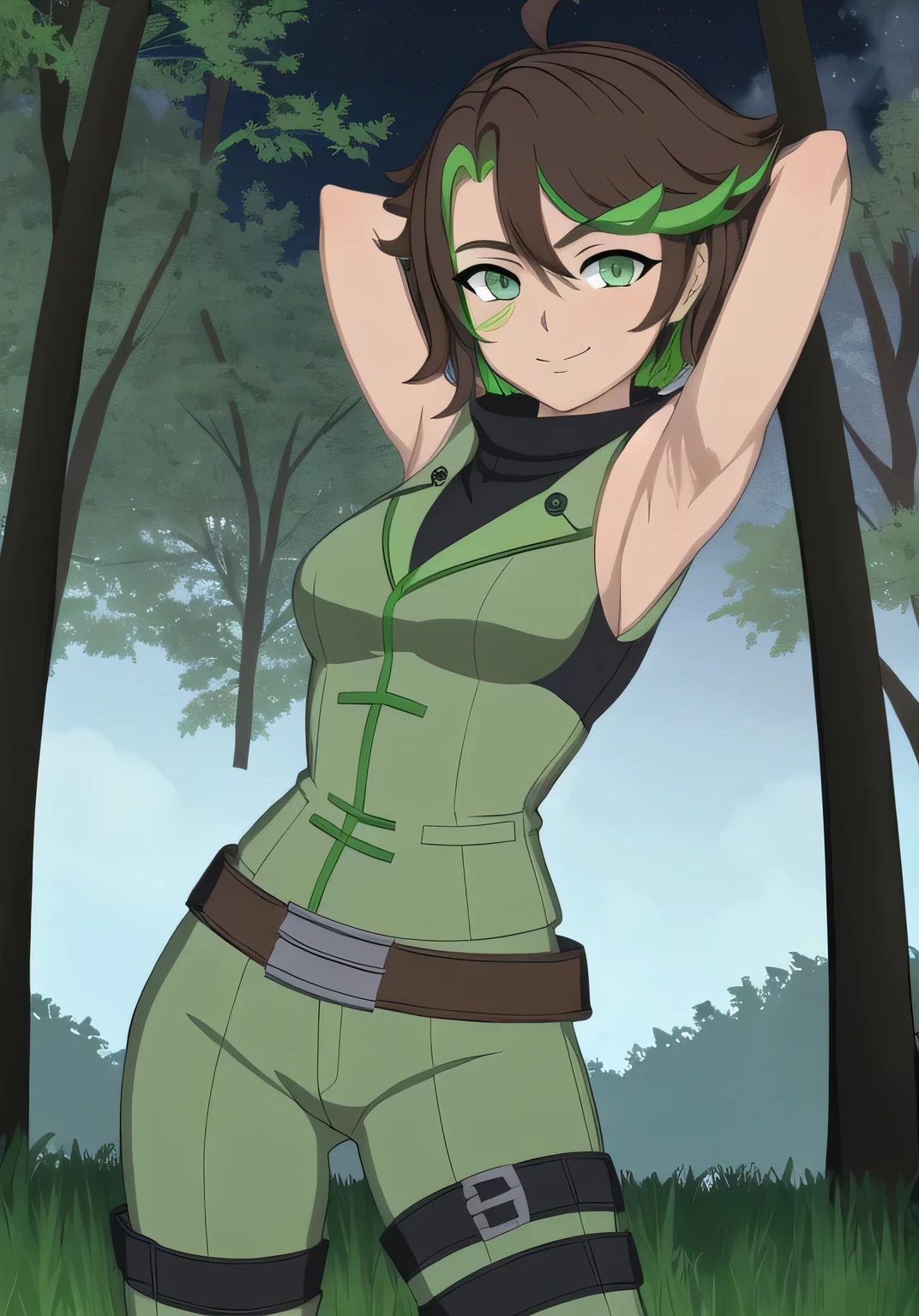 masterpiece, best quality, (Jessica_Cruz_rwby), (green eyes),  (1girl), (green eyes), solo, night sky, forest, arms behind head, contrapposto, spread armpits, closed mouth, looking at viewer, dynamic pose, smile, cowboy shot,