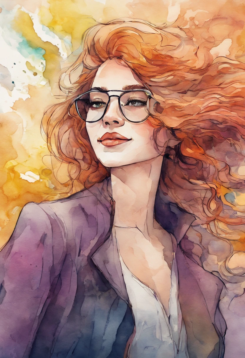 close-up scene partial front view; details in 8k; precision in details; Pablo Picasso style drawing. Wood splash; high contrast of gloomy colors; Abstract artistic drawing textured background of a beautiful woman with long wavy red hair wearing square glasses; woman smiling with red lipstick, face more toned and rounded and with slight dimples near the mouth, wearing a black coat with a yellow t-shirt underneath looking to the right, lilac white colors in the environment, illustration, watercolor illustration, professional illustrator, best watercolors, ink and watercolor paintings, alcohol ink, vibrant colors, perspective view, centered, lines in perspective;