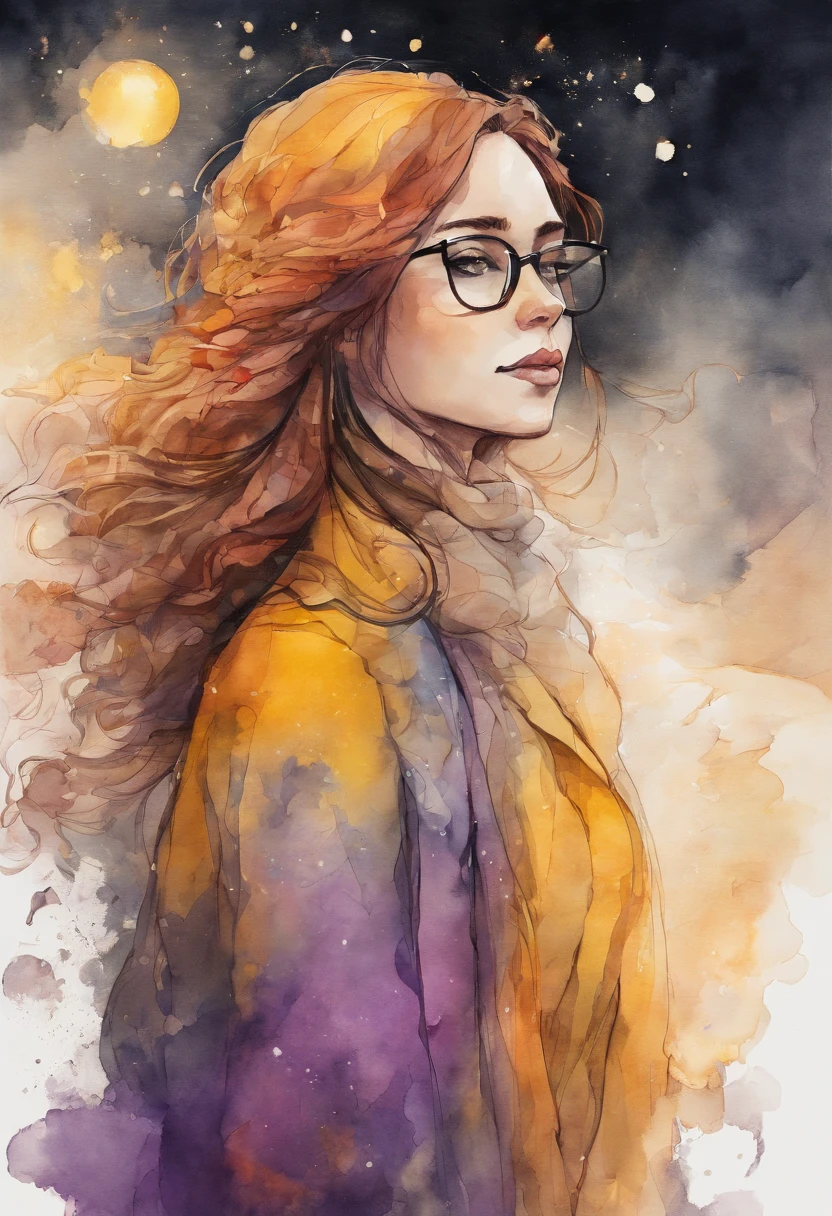 close-up scene partial front view; details in 8k; precision in details; Pablo Picasso style drawing. Wood splash; high contrast of gloomy colors; Abstract artistic drawing textured background of a beautiful woman with long wavy red hair wearing square glasses; woman smiling with red lipstick, face more toned and rounded and with slight dimples near the mouth, wearing a black coat with a yellow t-shirt underneath looking to the right, lilac white colors in the environment, illustration, watercolor illustration, professional illustrator, best watercolors, ink and watercolor paintings, alcohol ink, vibrant colors, perspective view, centered, lines in perspective;