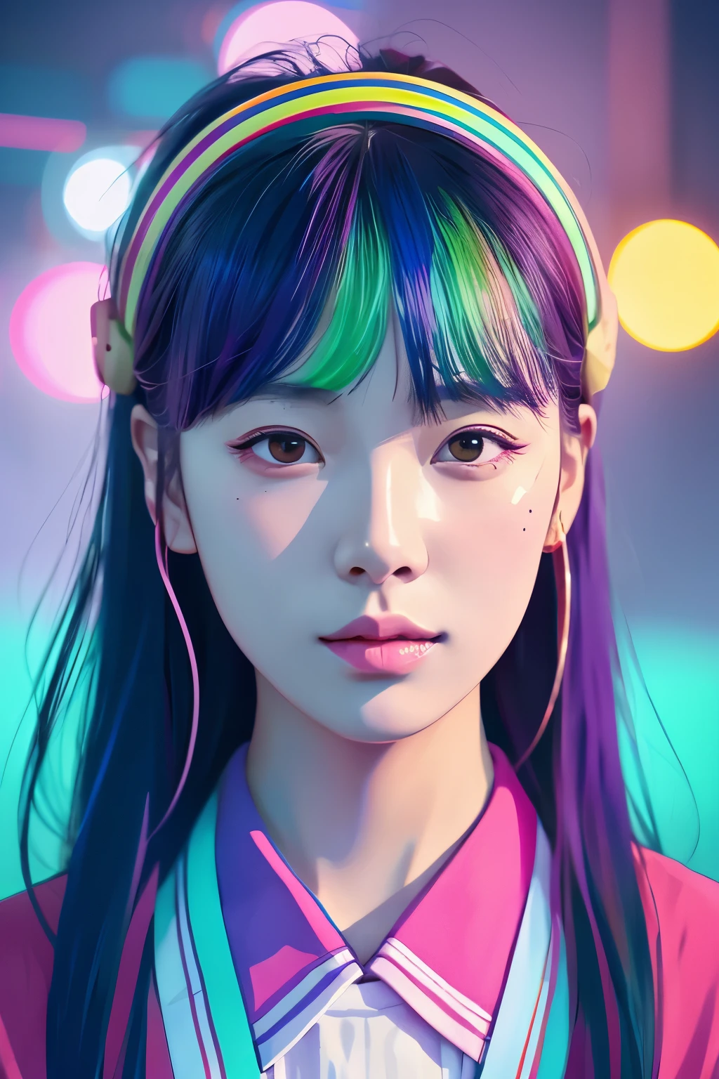 Close-up of person wearing headband, The art of math inspired by Yanjun Cheng, Douban, The art of math, Vibrant fan art, Lofi portrait, guweiz style artwork, new vapor wave, Colorful numbers, Network Aesthetics, kpop idol portrait, yanjun chengt, Digital animation illustration, NFT portrait, Digital Cyberpunk Anime Art.