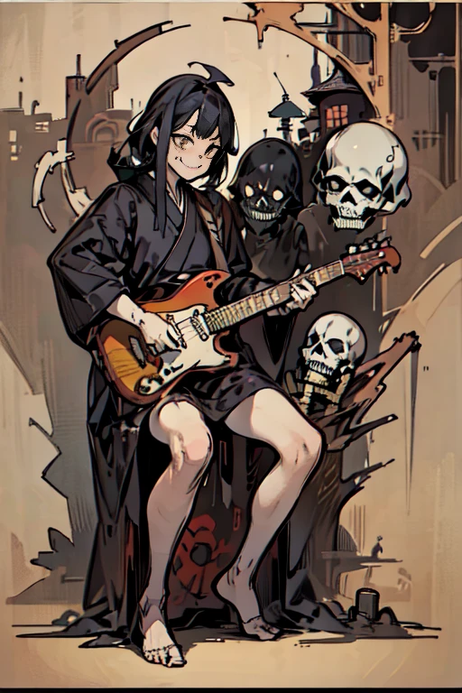 ((Hardcore Punk Girl))、(cemetery、skeleton)), ((circus)), ((playing the guitar)),cartoon style, Horror elements, Comic book style illustrations, (drawing style), Japanese painting, full body (Spooky), Japanese carving, primitive art, circus, crazy illustration, flat illustration, Blissful smile, Spookyな外観, Distinctive messy hairstyle, punk band poster、